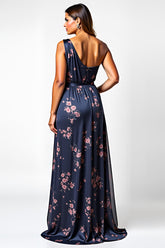 Marineblaues Blumen Kleid für Hochzeitsgäste in A-Linie mit einer Schulter